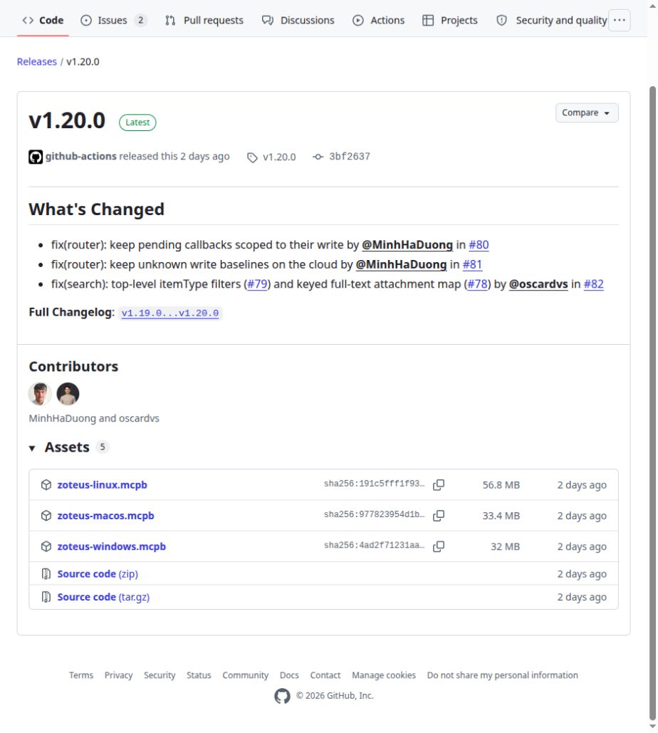 Zoteus v1.20.0 release assets for Linux, macOS and Windows